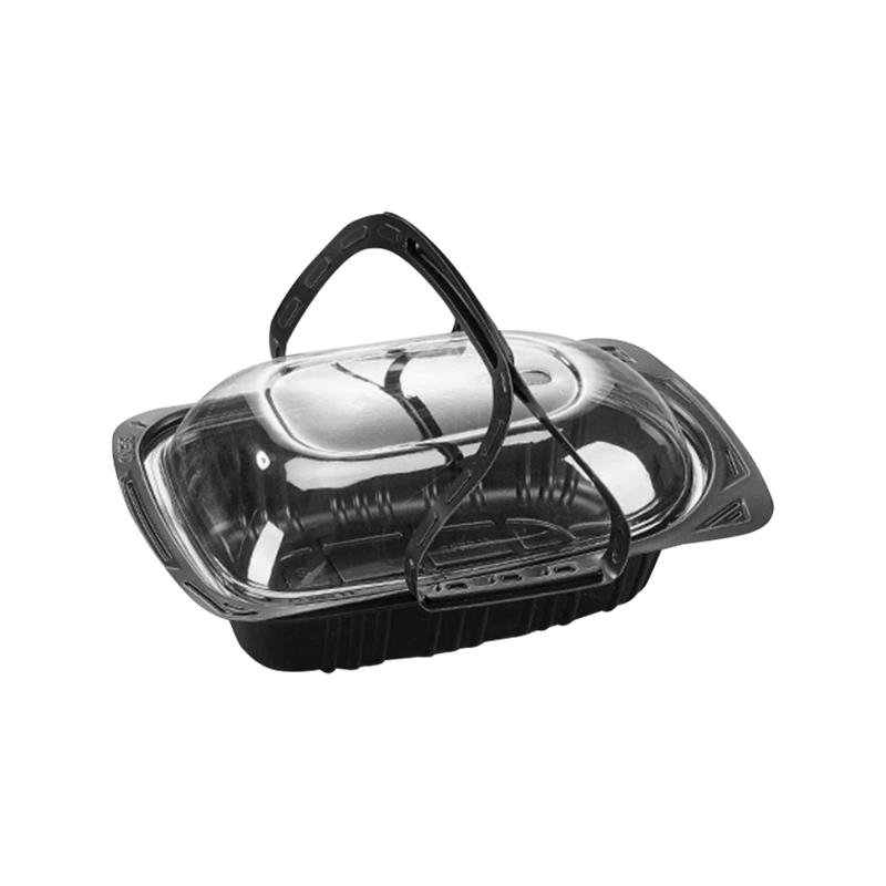 Disposable plastic hand-held roasted chicken container
